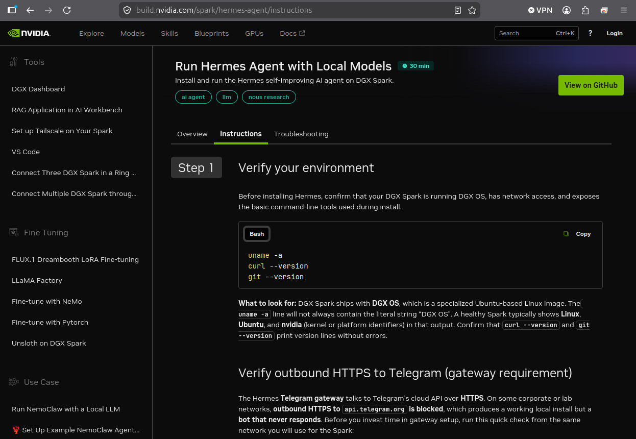 Hermes Agentのセットアップ手順は<a href="https://build.nvidia.com/spark/hermes-agent">「Run Hermes Agent with Local Models」</a>から