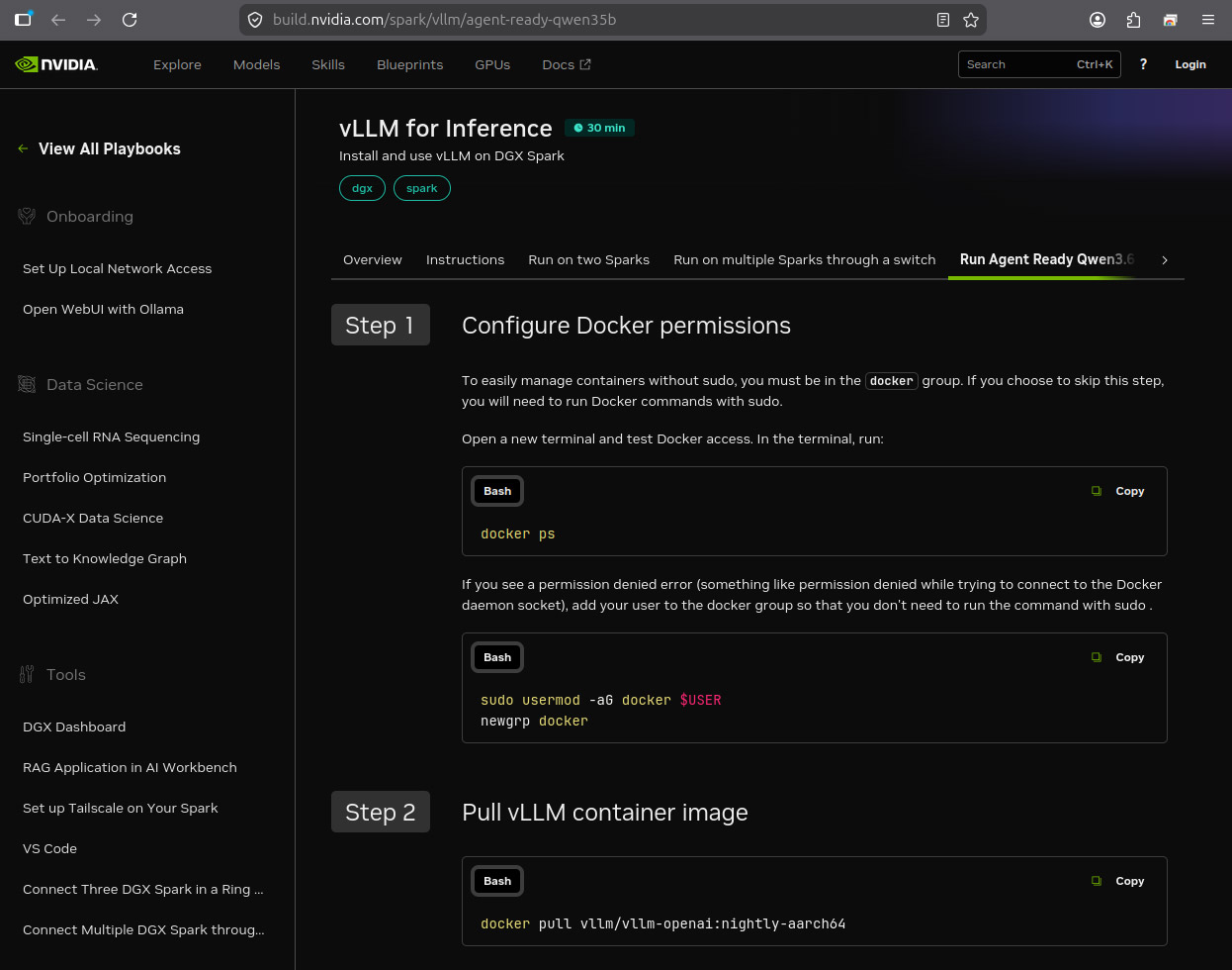 <a href="https://build.nvidia.com/spark/vllm/agent-ready-qwen35b">「vLLM for Inference」</a>の手順でQwen3.6-35B-A3Bをセットアップできます
