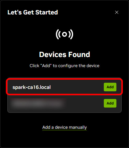 LAN内にあるデバイスが表示されたらDGX Sparkを「Add」