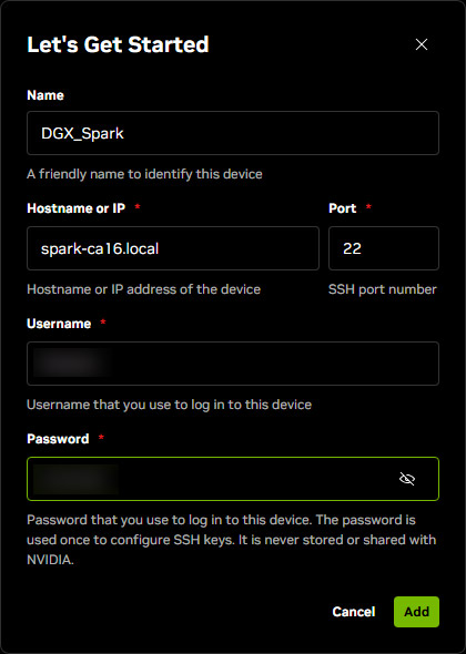 DGX Sparkのログインに使っているユーザー名とパスワードを設定