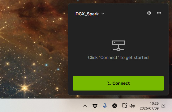 DGX Sparkが電源オンかつネットワークにつながっていれば「Connect」ボタンですぐに接続されます