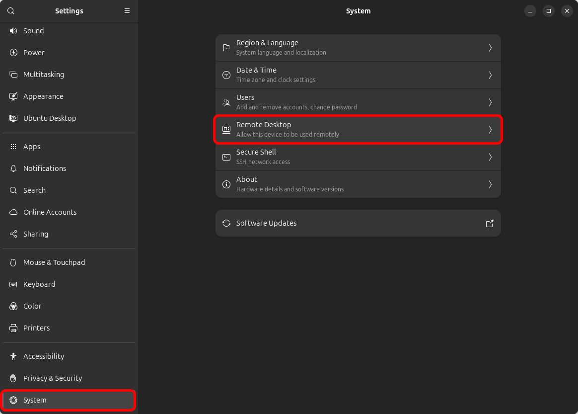 設定画面の「System」から「Remote Desktop」へ