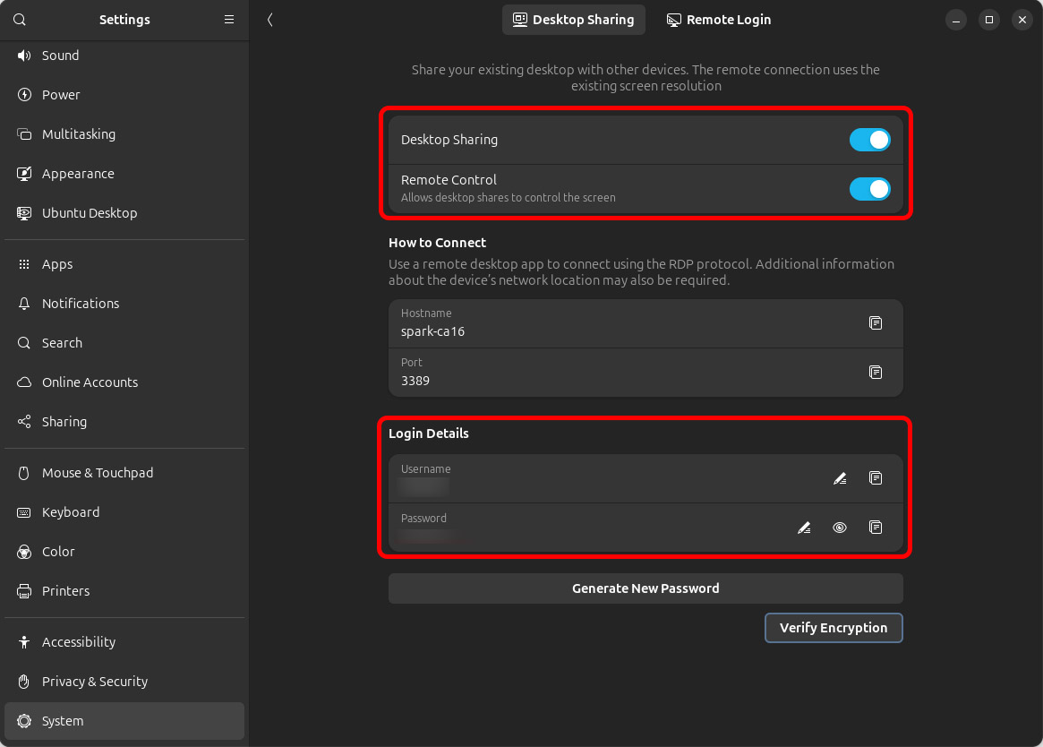 「Desktop Sharing」「Remote Control」を有効にして、ログインユーザー名とパスワードも入力