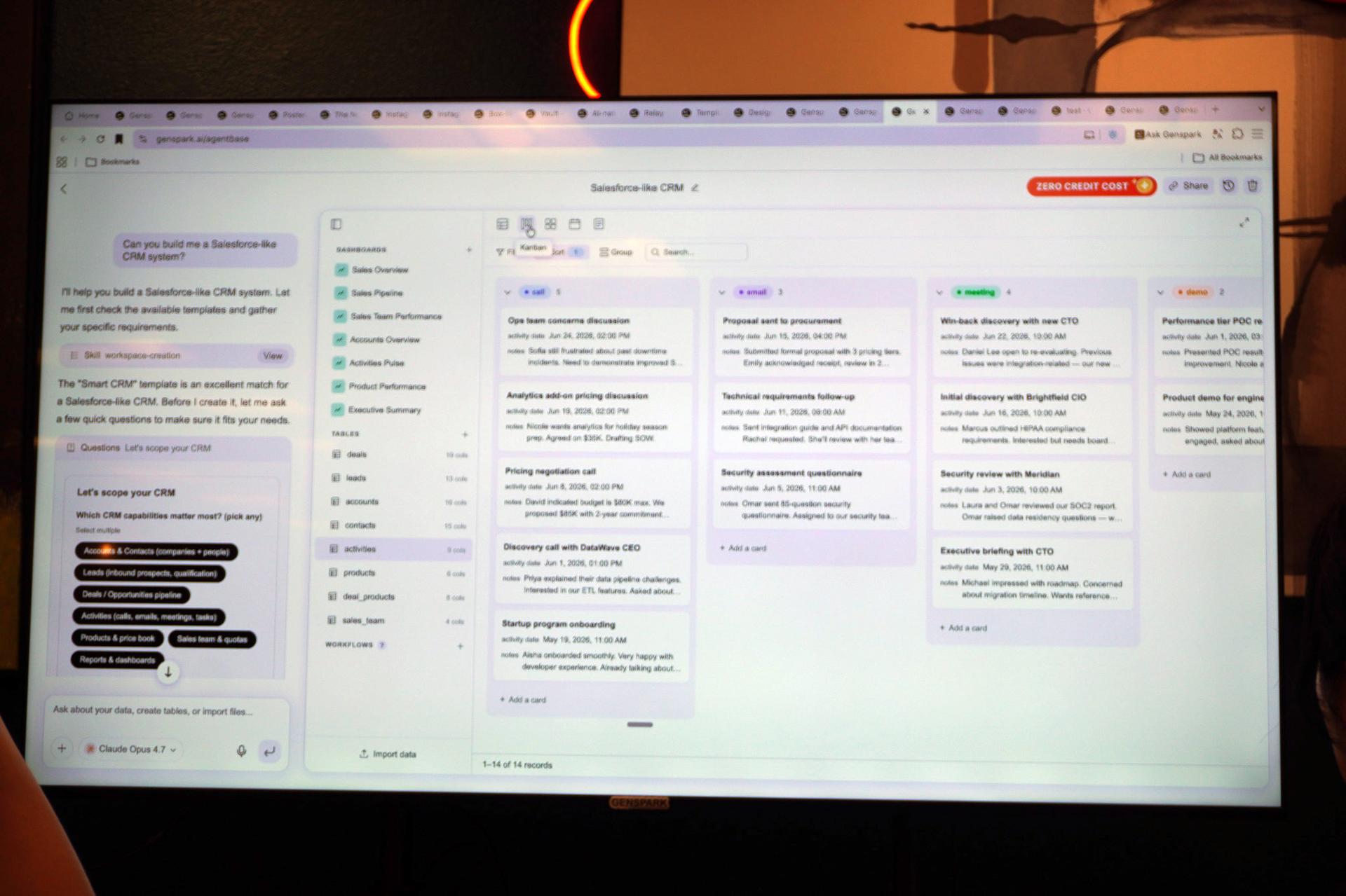 シリコンバレー本社で見たAgentBaseのデモ。Salesforce風のCRMを作る指示から構築した画面
