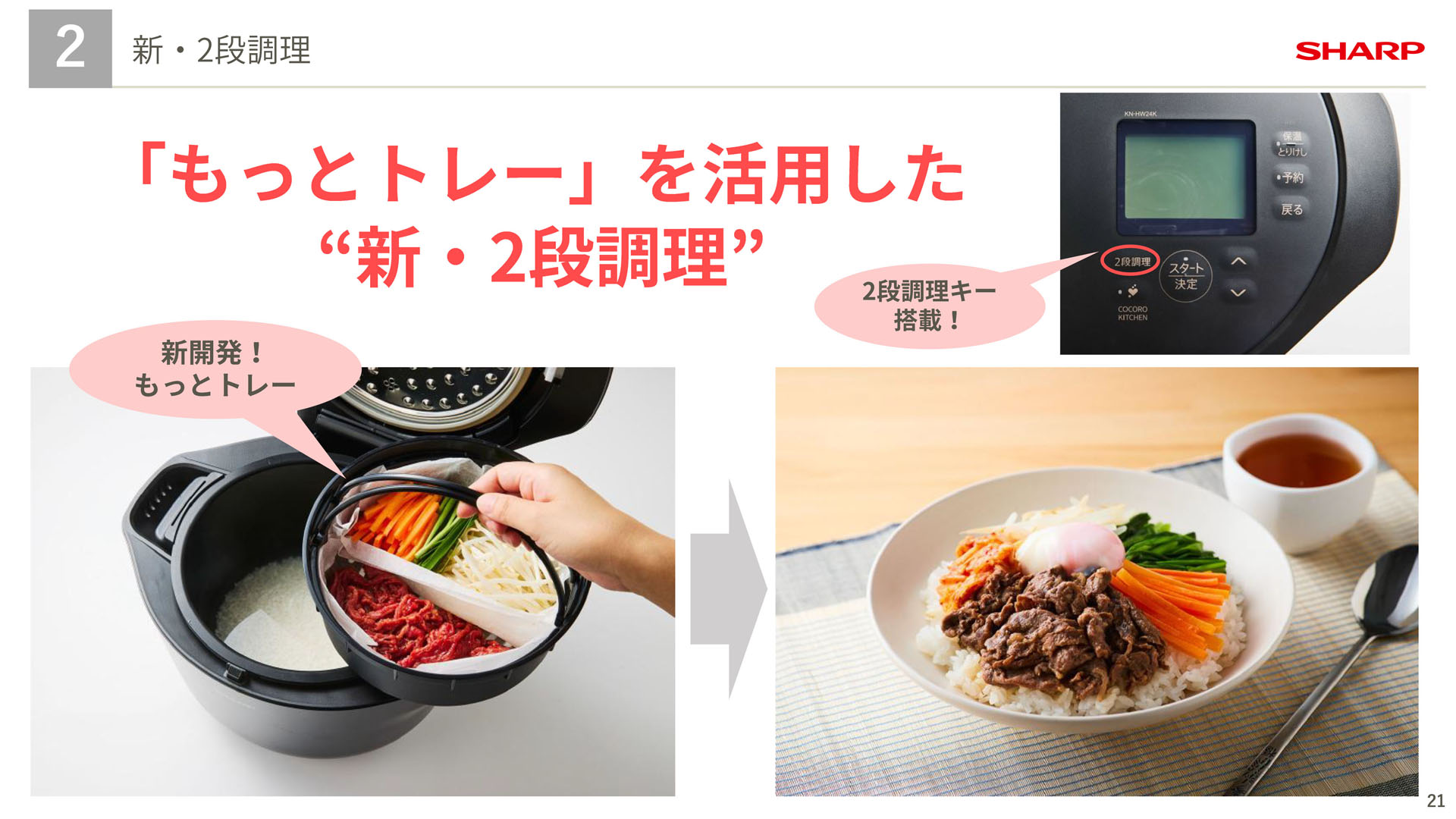 新開発機能「もっとトレー」を使用することで、上下2段で一度に2種類の料理を作ることができる。時短にもなるし節電にもなる