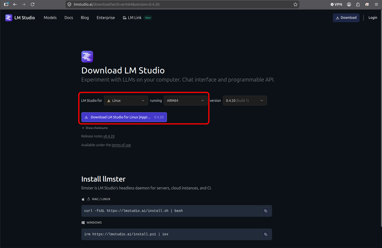 公式サイトから「Linux（ARM版）」のLM Studioをダウンロード