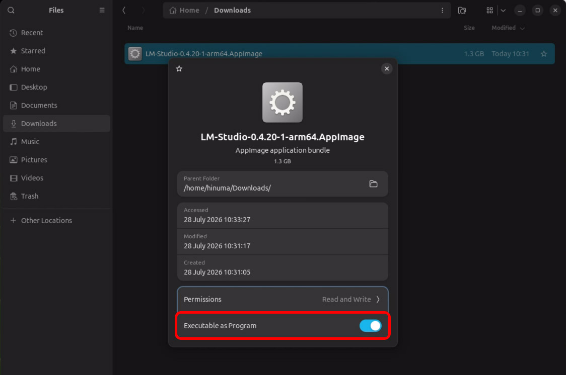 ダウンロードした「AppImage」ファイルのプロパティで「Executable as Program（実行属性を付与）」を有効に