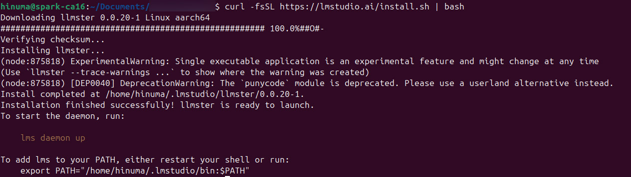 ターミナルで「curl -fsSL https://lmstudio.ai/install.sh | bash」を実行。LM Studioをサーバーとして動作させるために必要なモジュールがインストールされる