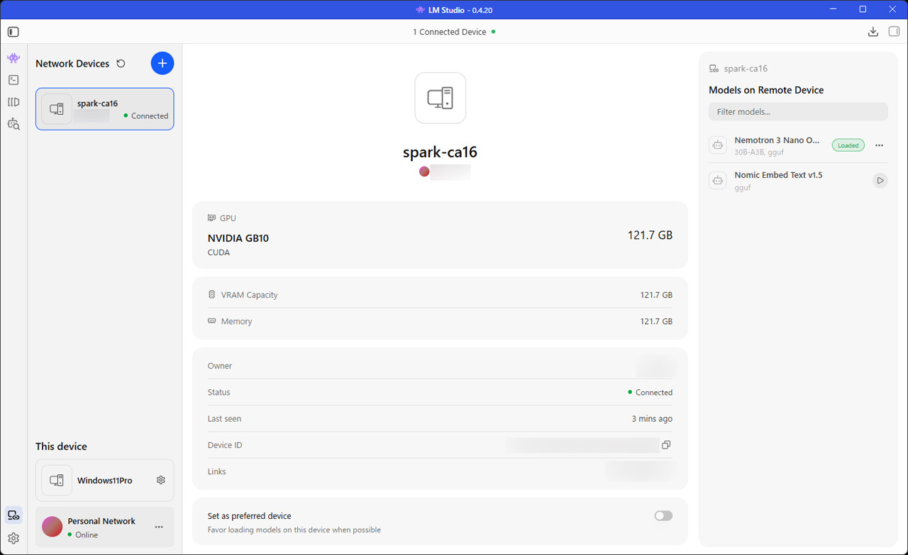 クライアントPC側でもDGX Sparkが認識。これで準備完了