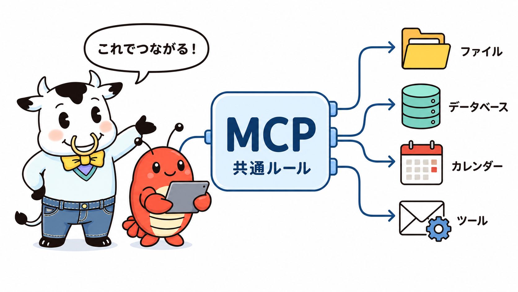 MCPによって、カレンダー、メール、社内データ、Webサービスなどリソース、ツールをAIに共通の仕組みでつなぐことができる。(筆者がChatGPT Images 2.0で生成)