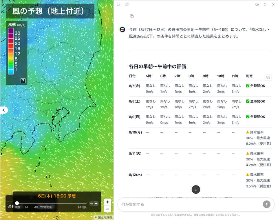 農薬散布の最適時間を風速や降水確率から判定