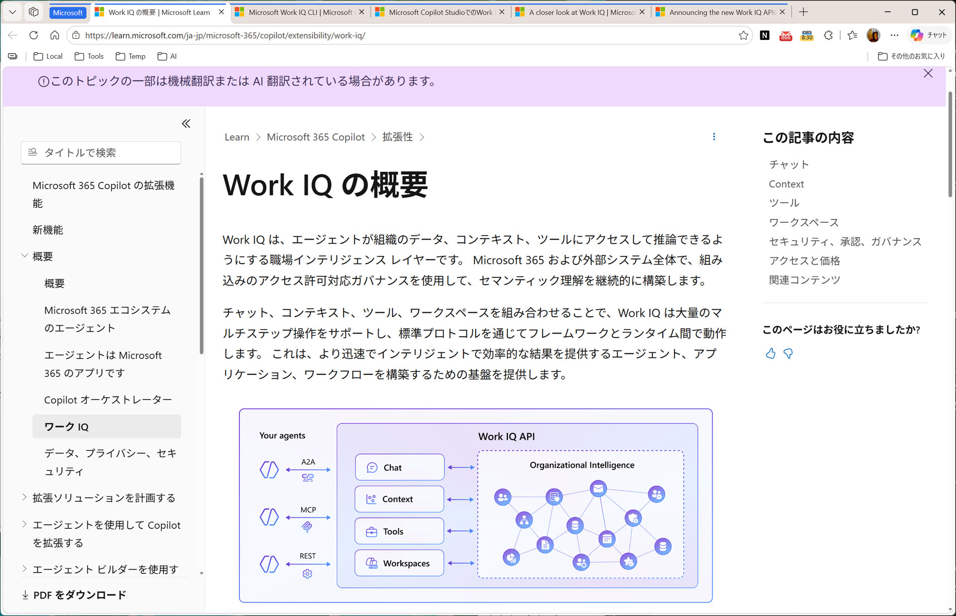 Work IQの概要（<a href="https://learn.microsoft.com/ja-jp/microsoft-365/copilot/extensibility/work-iq/">Microsoft Learn</a>)