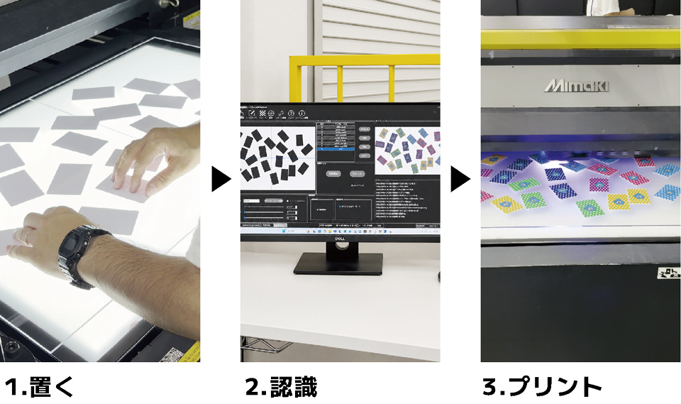 プリント素材をテーブルに置く。AIカメラが素材の輪郭と向きを自動取得。プリントデータを自動配置しプリント開始