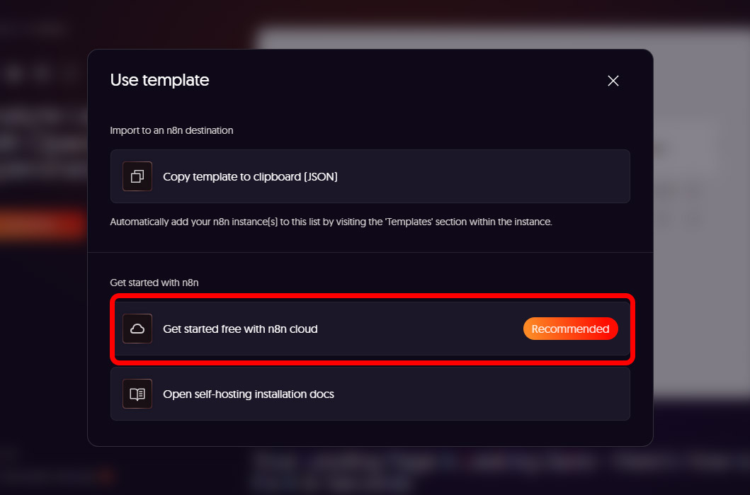 続いて「Get started free with n8n cloud」をクリック