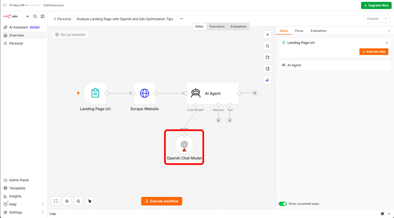 テンプレートが取り込まれた。警告マークが出ている「OpenAI Chat Model」をダブルクリック
