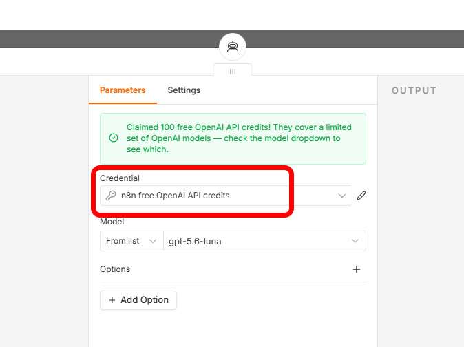 Credentialで「n8n free OpenAI API credits」を選択