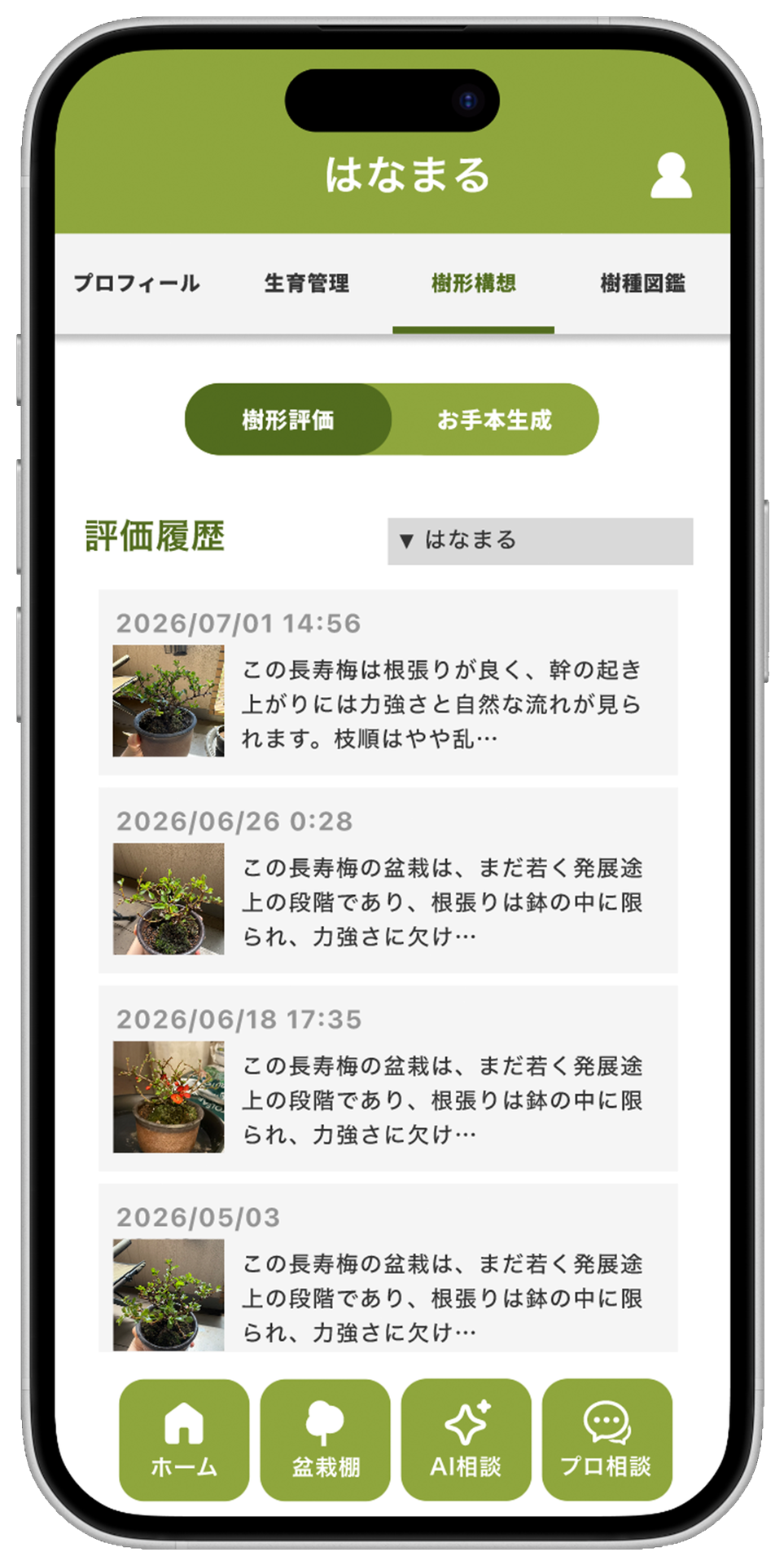 樹形評価のサンプル画面（開発中）