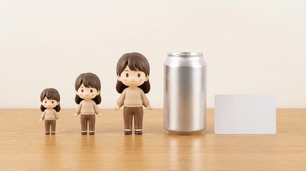 左からS・M・Lサイズ、350ml缶、カードとのサイズ比較（画像はイメージ）