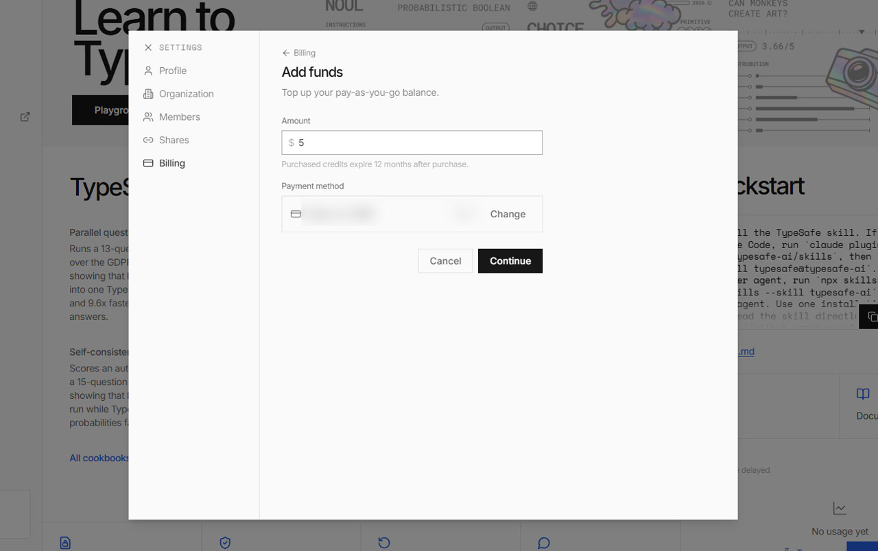 APIを使用するにはあらかじめ決済手段を登録し、クレジット購入してAPIキーを発行しておく必要があります