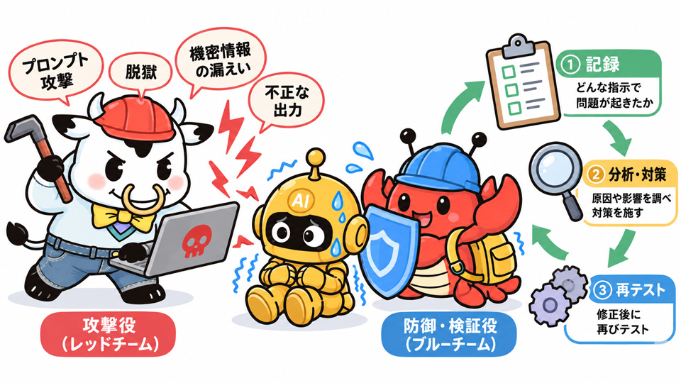 終わりのない実戦テストを繰り返す「AIレッドチーミング」。サービスイン後も行なわれる（筆者がChatGPTで生成）