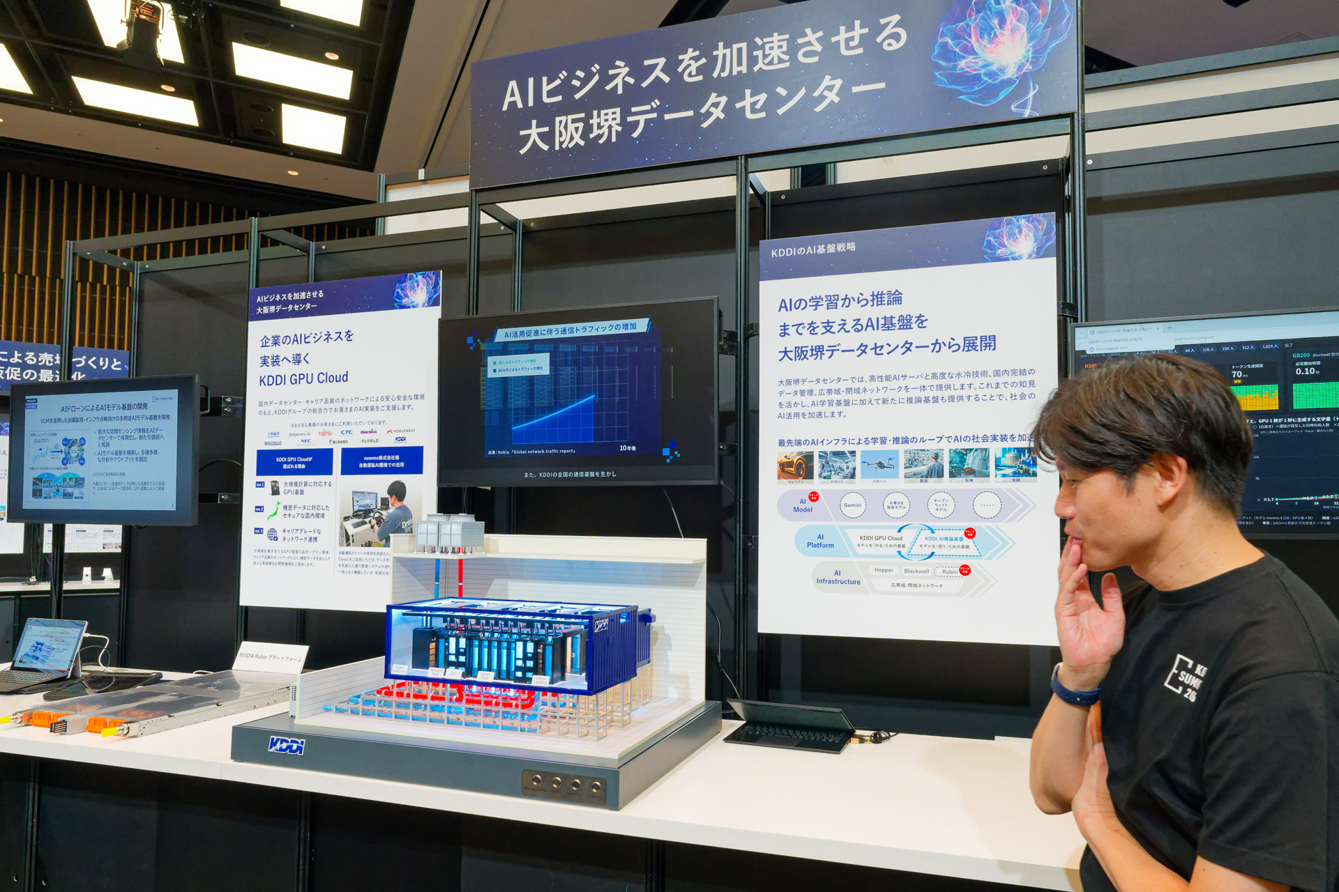 大阪・堺に設立したAIデータセンターの模型。建物内にコンテナを設置し、その中にサーバーシステムを収めることで、コストや冷却などの面で効率的な運用を可能にしているという