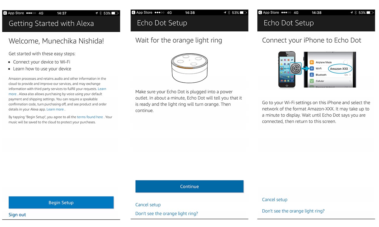 Echo Dotのセットアップ画面。Amazon(米国)のアカウントを入れ、Echo DotにWi-Fiの情報をアプリ経由で書き込めば、設定は終了だ