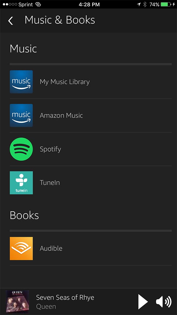 Echo(Alexa)のサービス連携画面。音楽サービスだけでなく、オーディオブックの名前も見えるところに注目