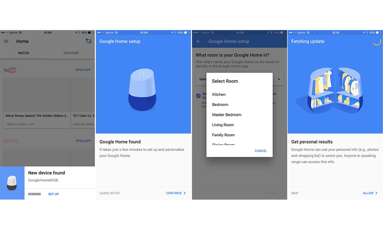 Google Homeのセットアップ画面。Echoと違い、Wi-Fiの設定を切り替えるなどの手間がないので、ちょっとだけ簡単