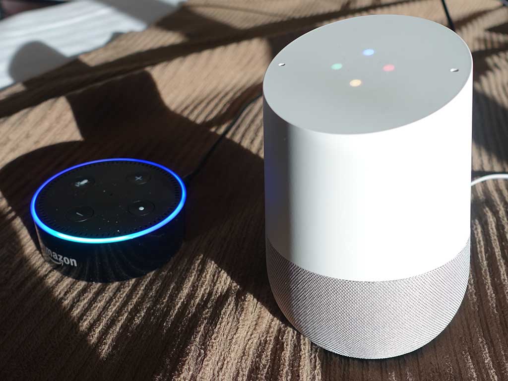 左がAmazon Echo Dot(販売価格49.99ドル)、右がGoogle Home(販売価格129ドル)
