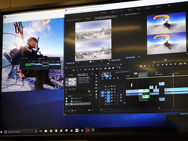 Premiere Pro CC。VR映像編集のプレビュー画面(左端)に、HMD表示用タイムラインが見える
