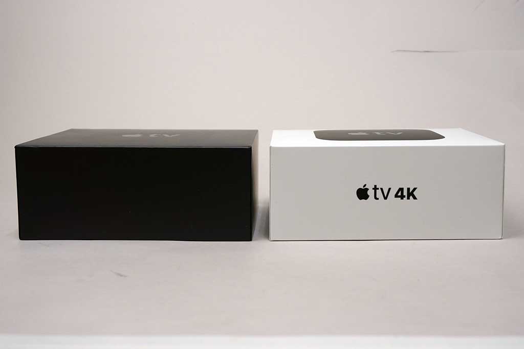 左がApple TVの箱、右がApple TV 4Kの箱。黒から白へイメージチェンジ