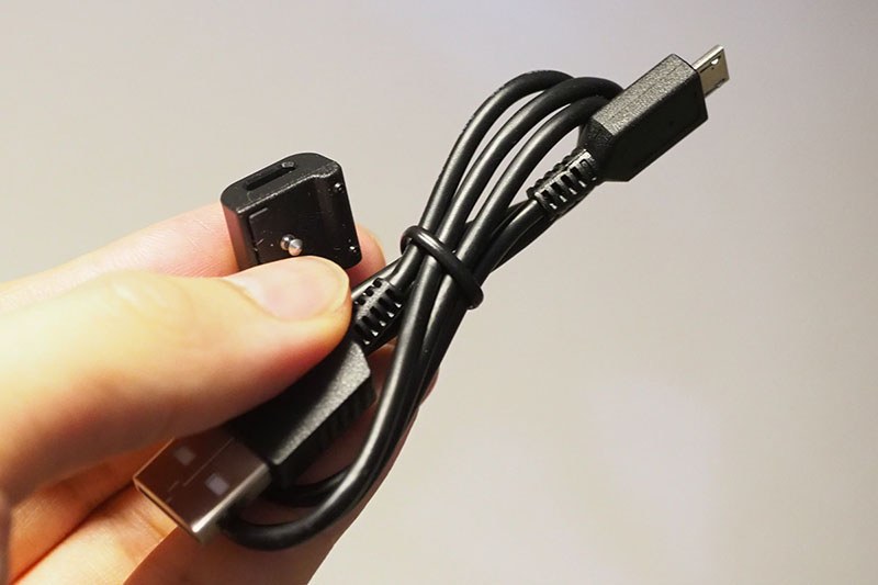 充電ケーブルはmicroUSBで、その先に小さなアダプタ(写真左側)を付けてwenaと接続