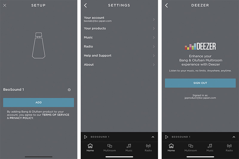 B&O製品でDeezer HiFiを聴く手順。アプリ「プロダクトの追加」で対応機器を追加し(左)、設定の「MUSIC」からログインする(中、右)