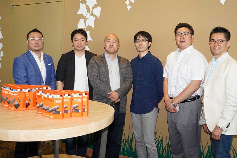 左からAmazonデバイス Fire TV事業部 橘氏、サイバーステップ(トレバ)の佐藤社長、フジテレビ(FOD)の野村氏、クックパッド 渡辺CTO、シグナルトーク 阿部氏、Amazonアプリストア担当の長尾ジョナサン氏