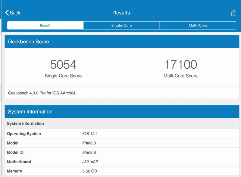 GeekBench 4でのCPUベンチマーク。シングルコア処理の値が「5054」、マルチコア処理の値が「17100」。かなり高速で、ハイエンドノートPC並だ。