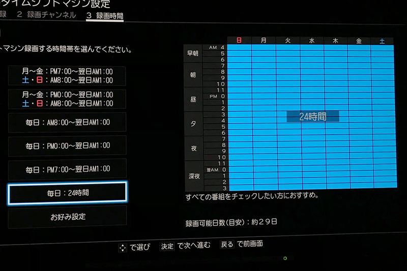 24時間フルで録画した場合の目安は「約29日」