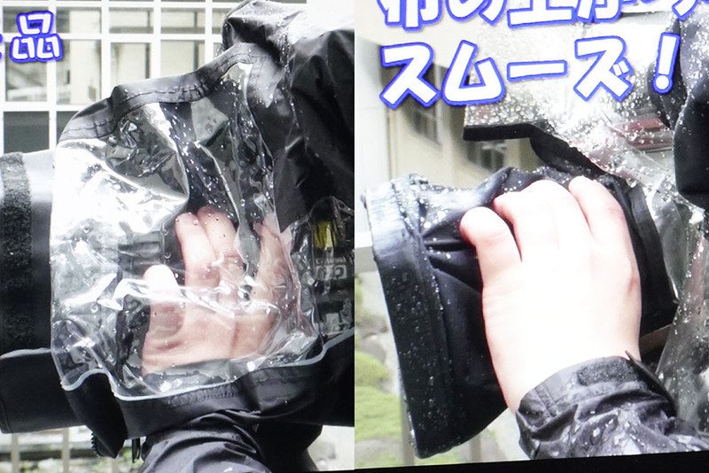 これまでの防水カバー(左)は、レンズ操作のための操作口から雨水が入り込んでしまっていた。新しい防水カバー(右)はレンズをすっぽり覆うことで操作口を無くして浸水を防止。伸縮性があるため、カバーの上からレンズ操作が行なえる。担当者によると「ありそうでなかったカバー」だという