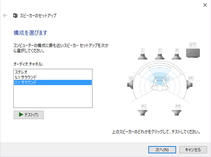 「サウンド」のコントロールパネルで。SXFIシリーズの「構成」の画面を開く。7.1chサラウンドを選択すれば完了だ