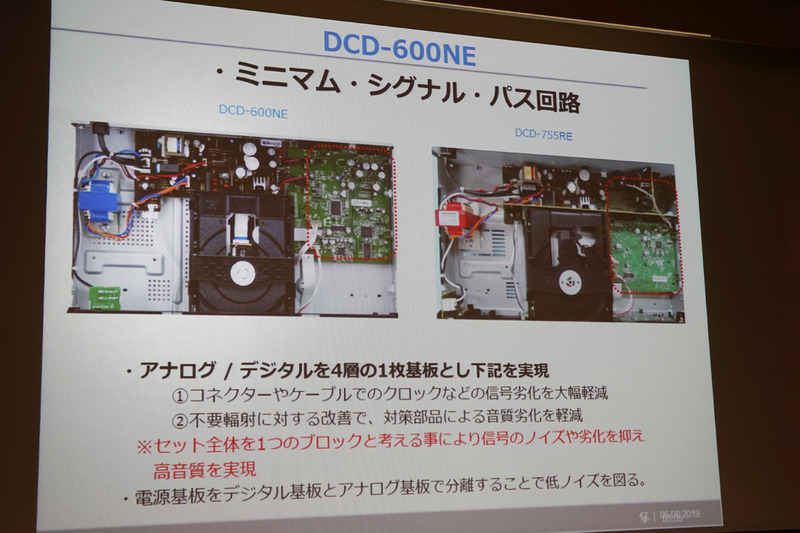 “セット全体を1つのブロック”と考えることで、信号のノイズや劣化を低減。具体的には、アナログ/デジタルを4層の1枚基板とし、コネクターやケーブルでのクロックなどの信号劣化を低減。不要輻射に対する改善で、対策部品による音質劣化軽減にも繋がっている