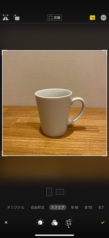 iPhone 11 Pro Maxで「スクエア」撮影した写真。画角を変えようとすると、ぼんやりフレームの外に映像が見える。実はこの領域のデータもちゃんと撮影されているからだ