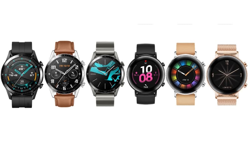 HUAWEI WATCH GT 2。左から、46mmのスポーツモデル、クラシックモデル、エリートモデル、42mmのスポーツモデル、クラシックモデル、エレガントモデル