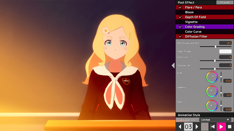 グレーディングの結果としての色合いの他、周辺部光量の調整、アニメーションコマ数などの設定も可能