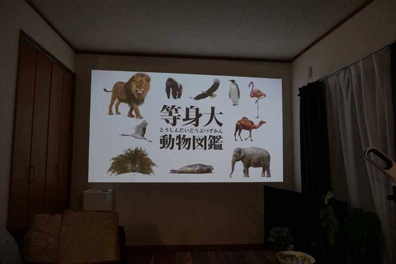 100インチサイズで投写したところ。天井照明を消すとくっきりした表示になる