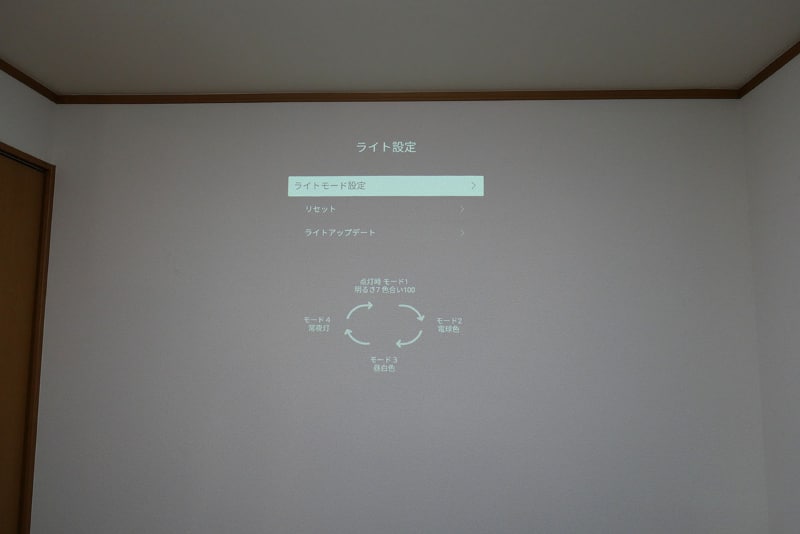 ライト設定では、4モードの明かり設定が選択できる