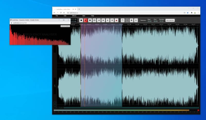 「Frequency Analysis」。オーディオファイルを再生すると、FFT分析した形でグラフィカルに動きながら周波数状態が表示された