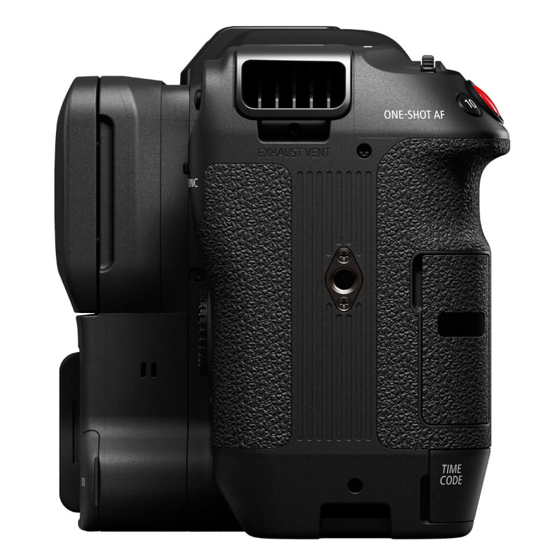 グリップ部に、縦撮り用の三脚穴を用意。上部の穴は排気口