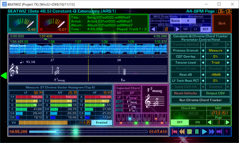4分の楽曲が2秒ほどで和音解析完了。コードが表記された