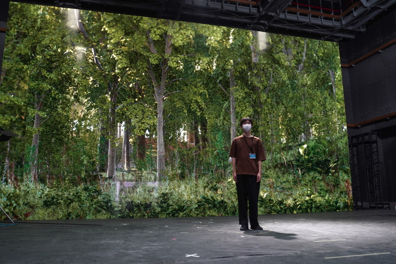 森の映像をバックにカメラで撮影すると……