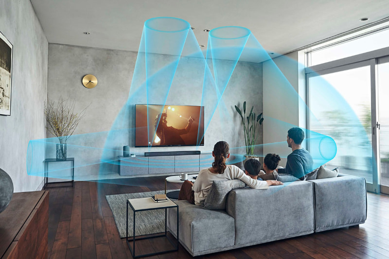 天井や横の壁への反射を使い、サラウンド再生を行なう