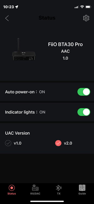 レシーバとDACモードではスマホと接続できるので、設定アプリが使える